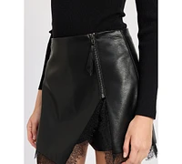 En Saison Women's Jett Lace-Trim Faux-Leather Skort