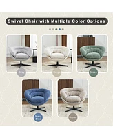 Chenille Upholstered 360° Swivel Club Chair/Accent Chair with Removable Cushion, Round Office Chair with Black Metal Base, Cotton Material, Livin