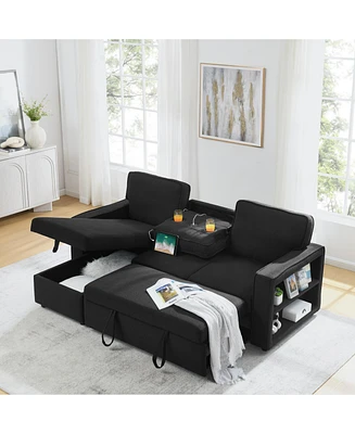 Streamdale Furniture Linen Upholstered Sleeper Sectional Sofa, Shaped Modular Convertible Sofa with Storage Chaise,There are two cup holders in the mi