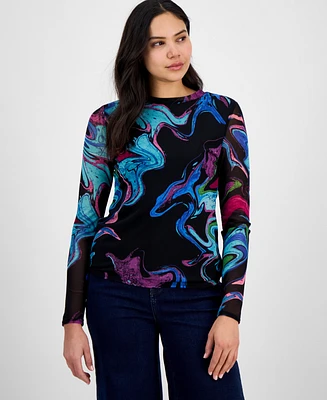 I.n.c. International Concepts Women's Long-Sleeve Mesh Crewneck Top, Exclusively at Macy's