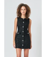 endless rose Women's Tweed Jewel Buttoned Mini Dress