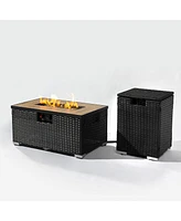 Rattan Fire Pit Table with Propane Tank Holder, Fire Table with Ceramic Tile Table Top