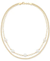Cultured Freshwater Pearl (6.5-7mm) Paperclip & Curb Link 2-Row Necklace in 14k Gold over Sterling Silver, 18" Made in Italy