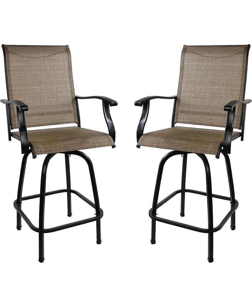 Slickblue Set of 2 Outdoor Swivel Bar Stools High Back Patio Chairs with Armrests & Breathable Textilene