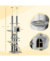 PawHut 89"-100" Floor to Ceiling Cat Tree with Cat Perch & Condo,