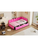 Twin size Upholstered Daybed with 2 Drawers, Velvet Sofabed with Soft Fabric Headboard, No Box-spring Needed, Beige