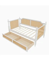 Traditional Style Rattan Twin Size Daybed with 2 Drawers for Limited Space, Guest Room, No Box Spring Needed,Antique White