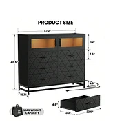 gaomon Dresser For Bedroom With Led Lights And Charging Station, 6 Drawer Double Dresser With 2 Shelves