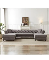 135.5-inch Modern Style Chenille Three Piece Sofa, Pull Point Design U-shaped Sofa two Chaise Longue Seats, two Pillows and Wooden feet