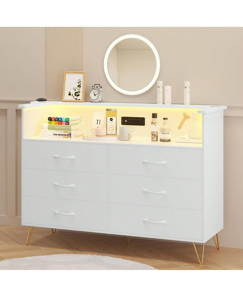 gaomon Dresser For Bedroom With Led Light & Charging Station, 6 Wooden Drawers Dressers 2-Tier Open Shelves, Modern Chest Of Double Wide