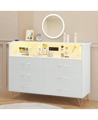 gaomon Dresser For Bedroom With Led Light & Charging Station, 6 Wooden Drawers Dressers 2-Tier Open Shelves, Modern Chest Of Double Wide