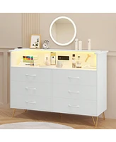 gaomon Dresser For Bedroom With Led Light & Charging Station, 6 Wooden Drawers Dressers 2-Tier Open Shelves, Modern Chest Of Double Wide