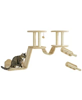 PawHut 3pc Cat Wall Shelves w/ Scratching Post, Perches, Ladder & Steps