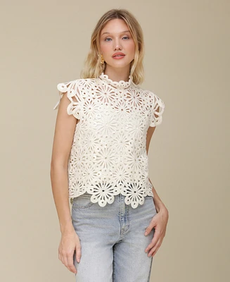 Avec Les Filles Women's Crochet Mock Neck Blouse