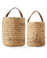 Casafield Set of 2 Wall Hanging Baskets with Handles (Small and Large) - Natural Water Hyacinth, Woven Boho Plant and Flower Storage Pots