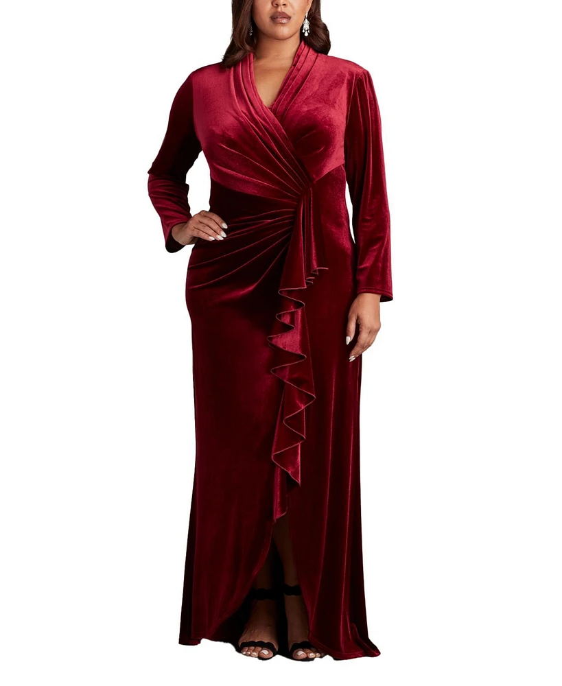 Tadashi Shoji Plus Size Markum Long-Sleeve Velvet Flounce Gown