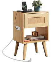 Wlive Night Stand with Charger Station Rattan Side Table Drawer and Storage Shelf Bedside for Bedroom Mid Century Nightstand Small Spac