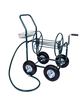 Slickblue Heavy-Duty Garden Hose Reel Cart 4-Wheel Metal Gardening Cart with Storage Basket for Easy Watering