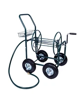 Slickblue Heavy-Duty Garden Hose Reel Cart 4-Wheel Metal Gardening Cart with Storage Basket for Easy Watering