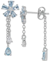 Macy's Blue Topaz (1/4 ct. t.w.) & Lab Grown White Sapphire (1-1/2 ct. t.w.) Flower Front-to-Back Earrings in Sterling Silver