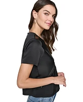 Karl Lagerfeld Paris Women's Faux-Leather Accented Short-Sleeve Top