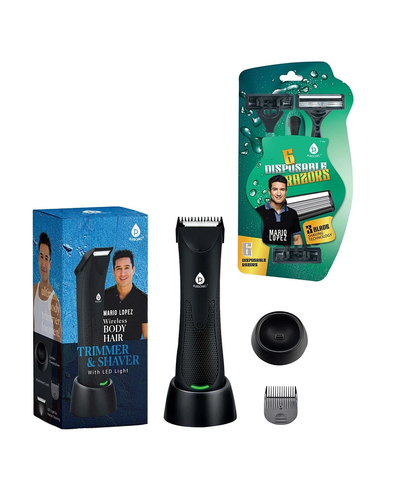 Pursonic Men's Mario Lopez Wireless Body Hair Trimmer & Shaver and Mario Lopez Disposable Razors - 3 Blade Shaving Surface Technology