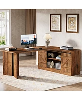 Tribesigns 70.9-Inch Executive Desk, L-Shaped Desk with 55.1-Inch Storage Cabinet, Mid-Century Farmhouse Office Desk Computer Desk with Sliding Door,