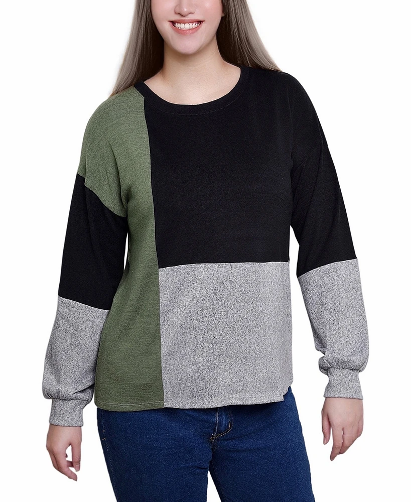 Ny Collection Petite Long Sleeve Colorblocked Boat Neck Top