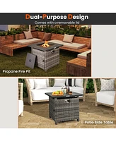 Sugift 29 Inch Propane Rattan Firepit Table with Lava Rocks and Protective Cover