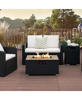 Skonyon 32 x 20 Inch Propane Rattan Fire Pit Table Set with Side Table Tank and Cover