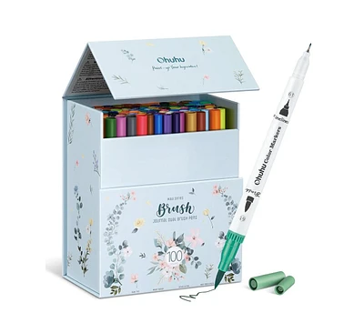 Ohuhu 100ct Brush/Fineliner Dual Tip Water Based Color Markers with White Marker Holder Y30-80400-27