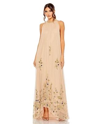 Women's High Neck Floral Embellished Trapeze Gown