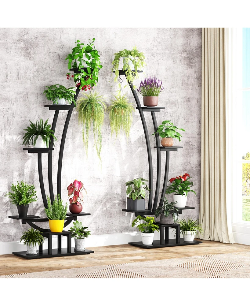 Tribesigns 6-Tier Metal Curved Display Shelf with 2 Hanging Hooks, Multi-Purpose Bonsai Flower Pots Plant Rack Pack of 2