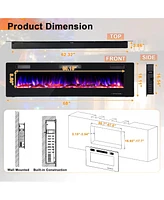 Sugift 68 Inch Ultra-Thin Electric Fireplace Recessed Wall Mounted with Crystal Log Decoration