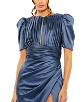 Mac Duggal Women's Puff Sleeve Pleated Bodice Draped Gown