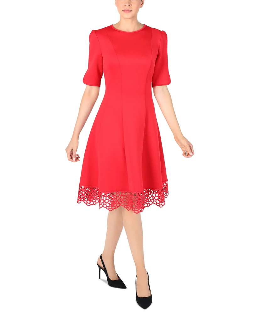 Donna Rico Women's Elbow-Sleeve Lace-Hem Knit Dress