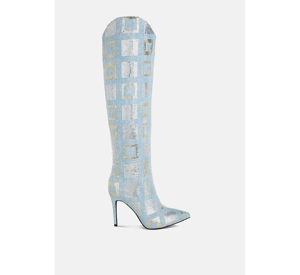 Sharmin Checkered Sequin Knee High Boots