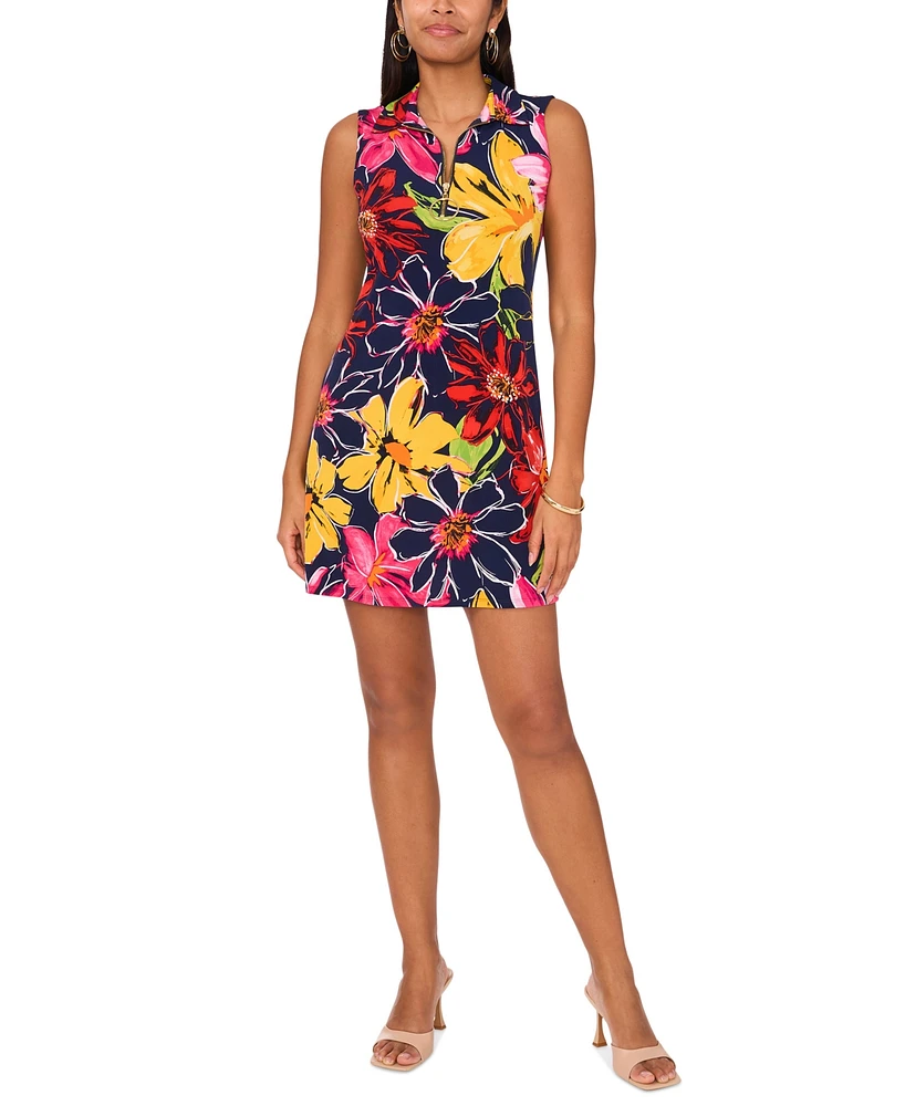 Msk Women's Floral Jersey Front-Zip Sleeveless Dress