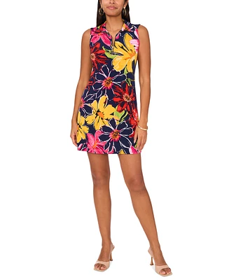 Msk Women's Floral Jersey Front-Zip Sleeveless Dress