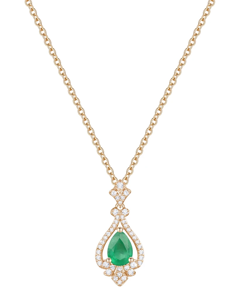 Lab Grown Emerald (5/8 ct. t.w.) & Diamond (1/5 Pear Halo 18" Pendant Necklace 14k Gold (Also Ruby Sapphire)