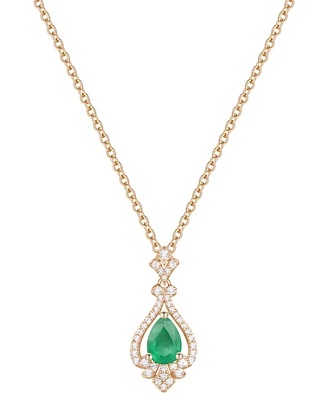 Lab Grown Emerald (5/8 ct. t.w.) & Diamond (1/5 Pear Halo 18" Pendant Necklace 14k Gold (Also Ruby Sapphire)