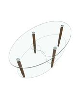 Slickblue Modern Transparent Oval Glass Coffee Table with Oak Wood Legs 3-Layer Living Room Tea Table