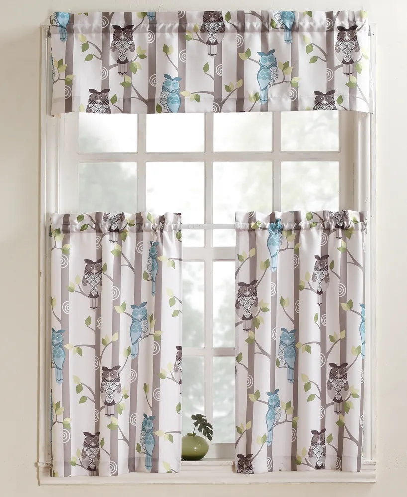 No. 918 Hoot Owl Print Semi-Sheer Rod Pocket Kitchen Curtain Tier Pair