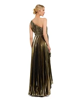 Mac Duggal Women's Pleated Metallic One Shoulder High Low Gown