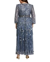 Mac Duggal Plus Long Sleeve Beaded Crystal Deep V Neckline Gown