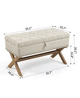 The Pop Home 35 Inch Button-Tufted Storage Ottoman, Linen Storage Bench for End of Bed-The Pop Home