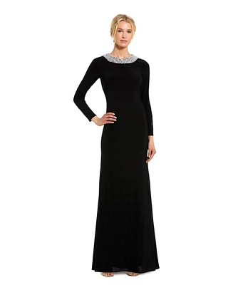 Mac Duggal Women's Jersey Long Sleeve Fitted Gown With Beaded Neck