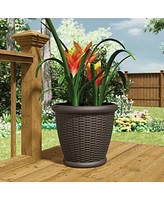 Suncast Willow 18 Inch Diameter Resin Decorative Wicker Patio Planter Pot, Java