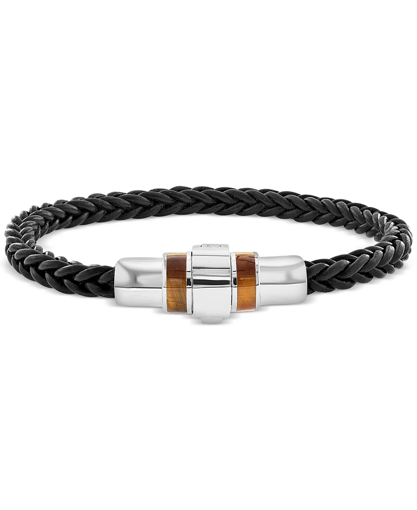 Effy Men's Tiger's Eye (12 x 5mm) Braided Leather Bracelet in Sterling Silver