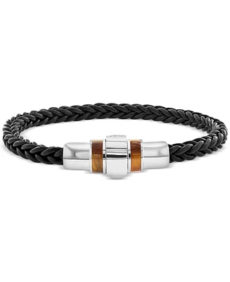 Effy Men's Tiger's Eye (12 x 5mm) Braided Leather Bracelet in Sterling Silver